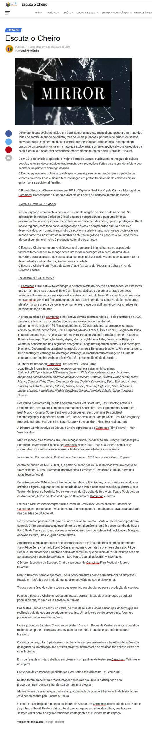 Matéria de imprensa sobre o Escuta o Cheiro
