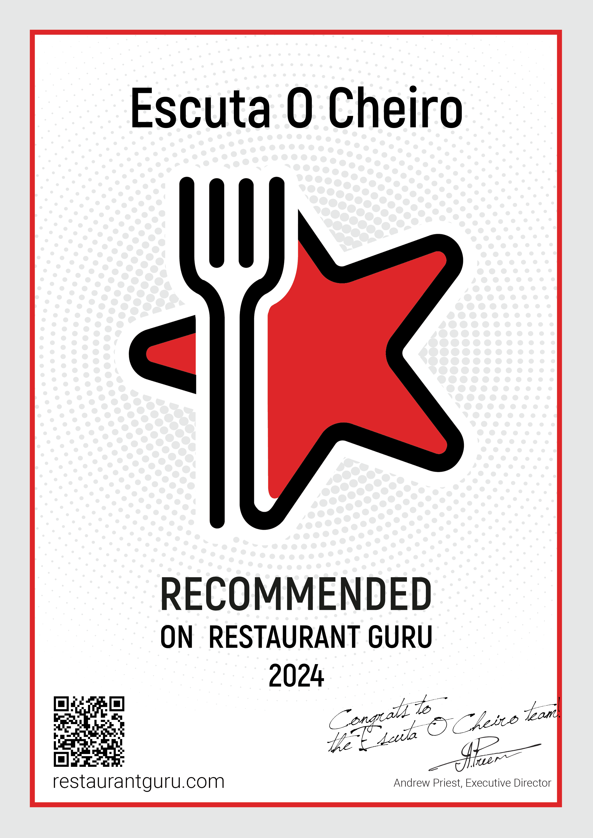 Certificado de Excelência Restaurant Guru recebido pelo Escuta o Cheiro